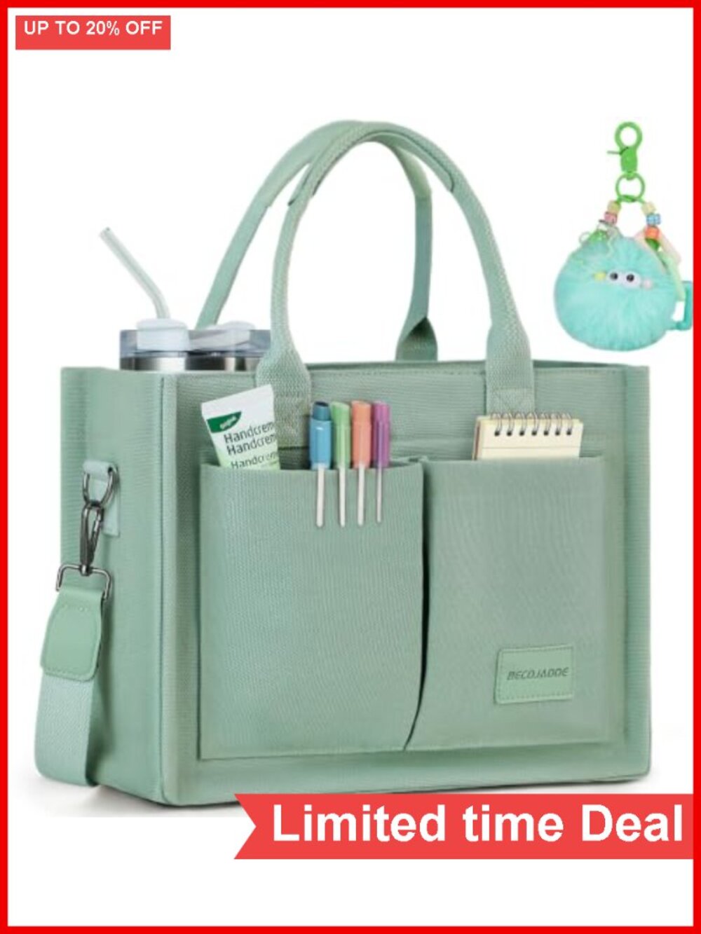 Structured Canvas Tote Bag Work Travel Multi-Compartment Zippered Purse